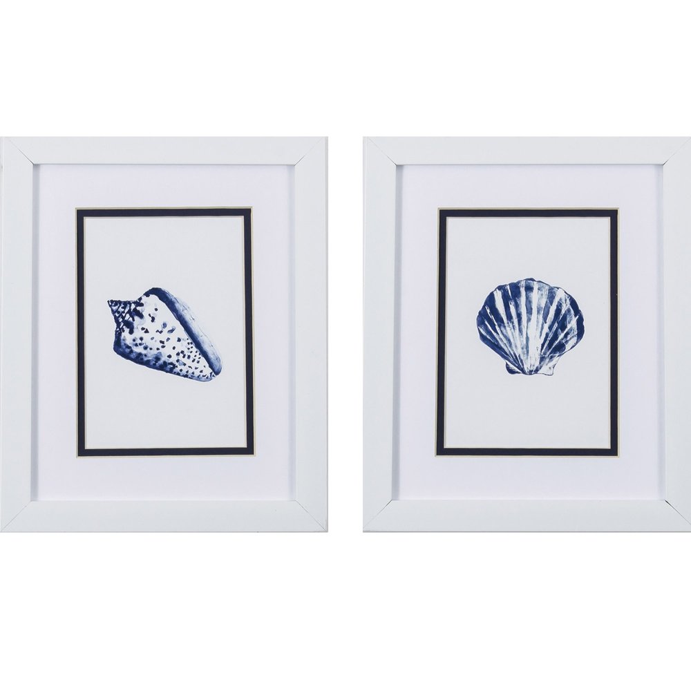 Set Of Two Blue And White Seashell Wall Art on a white background