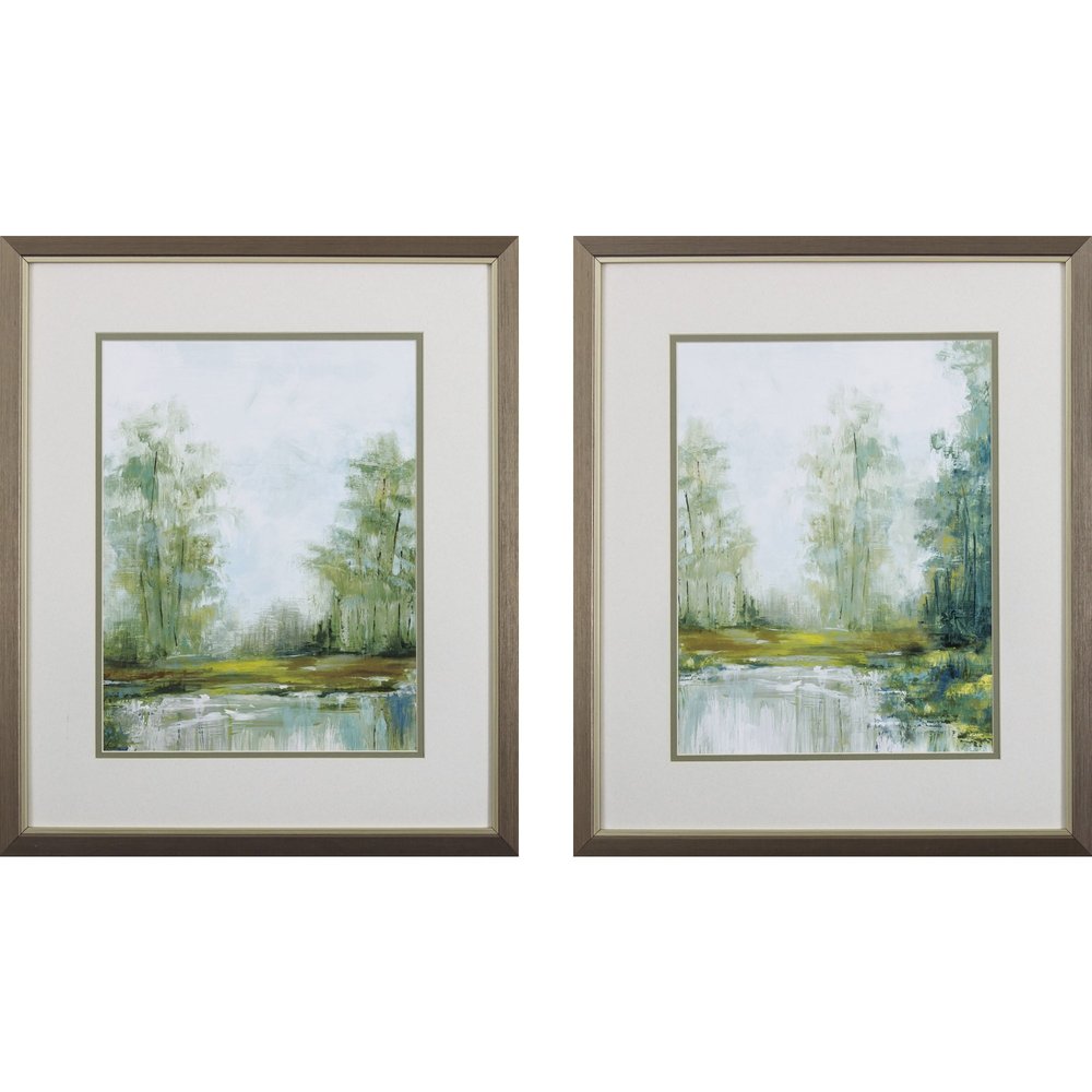 Set of Two Green Forest Landscapes Framed Wall Art on a white background