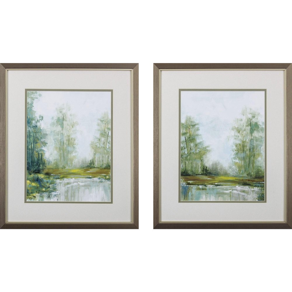 Set of Two Green Forest Landscapes Framed Wall Art on a white background