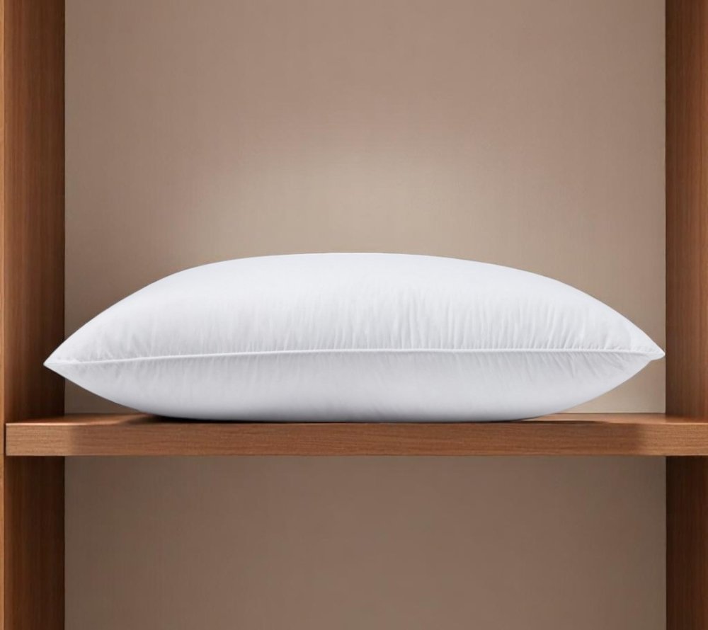 100% Cotton Lux Sateen Down Alternative Medium Hypoallergenic Queen Size Bed Pillow. Bed pillow in tan cotton.