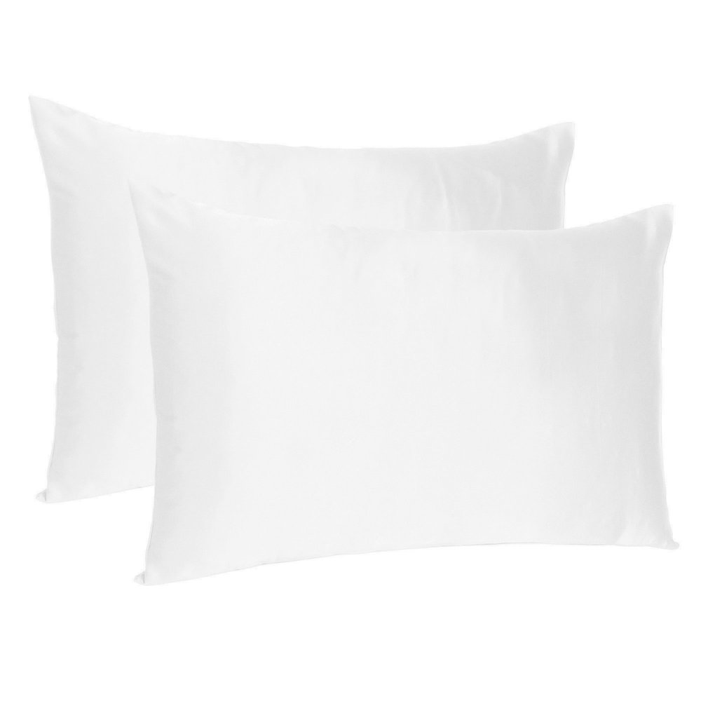 Two white silky satin king pillowcases on a white background.