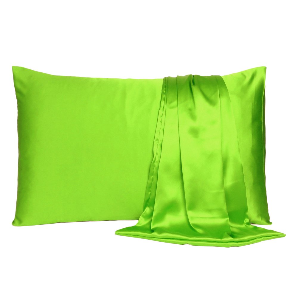 Set of Two Bright Green Dreamy Silky Satin King Pillowcases on a white background