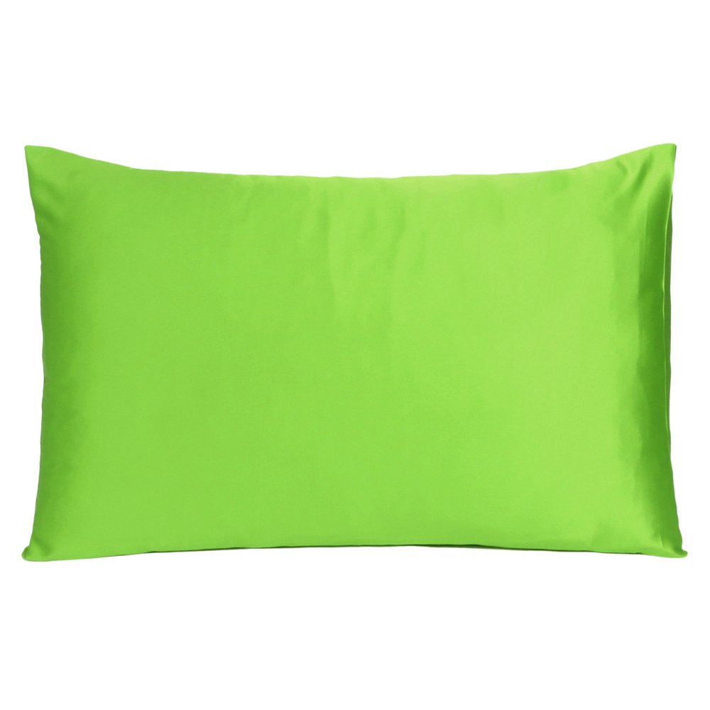 Set of Two Bright Green Dreamy Silky Satin King Pillowcases on a white background