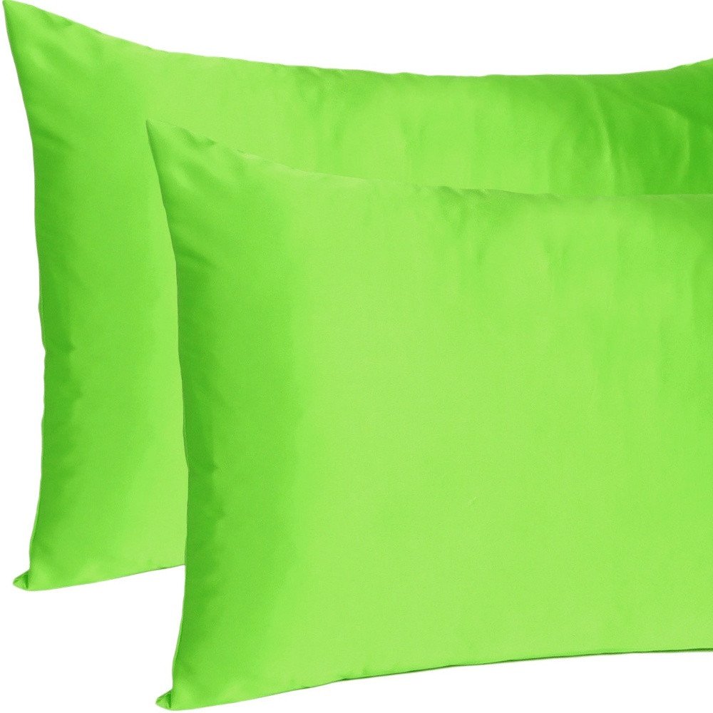 Set of Two Bright Green Dreamy Silky Satin King Pillowcases on a white background