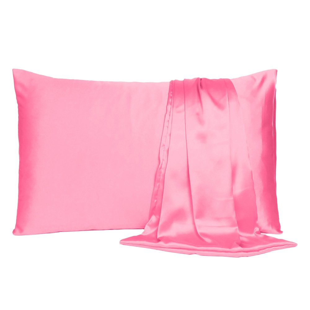 Set Of Two Pink Rose Dreamy Silky Satin Standard Pillowcases on a white background