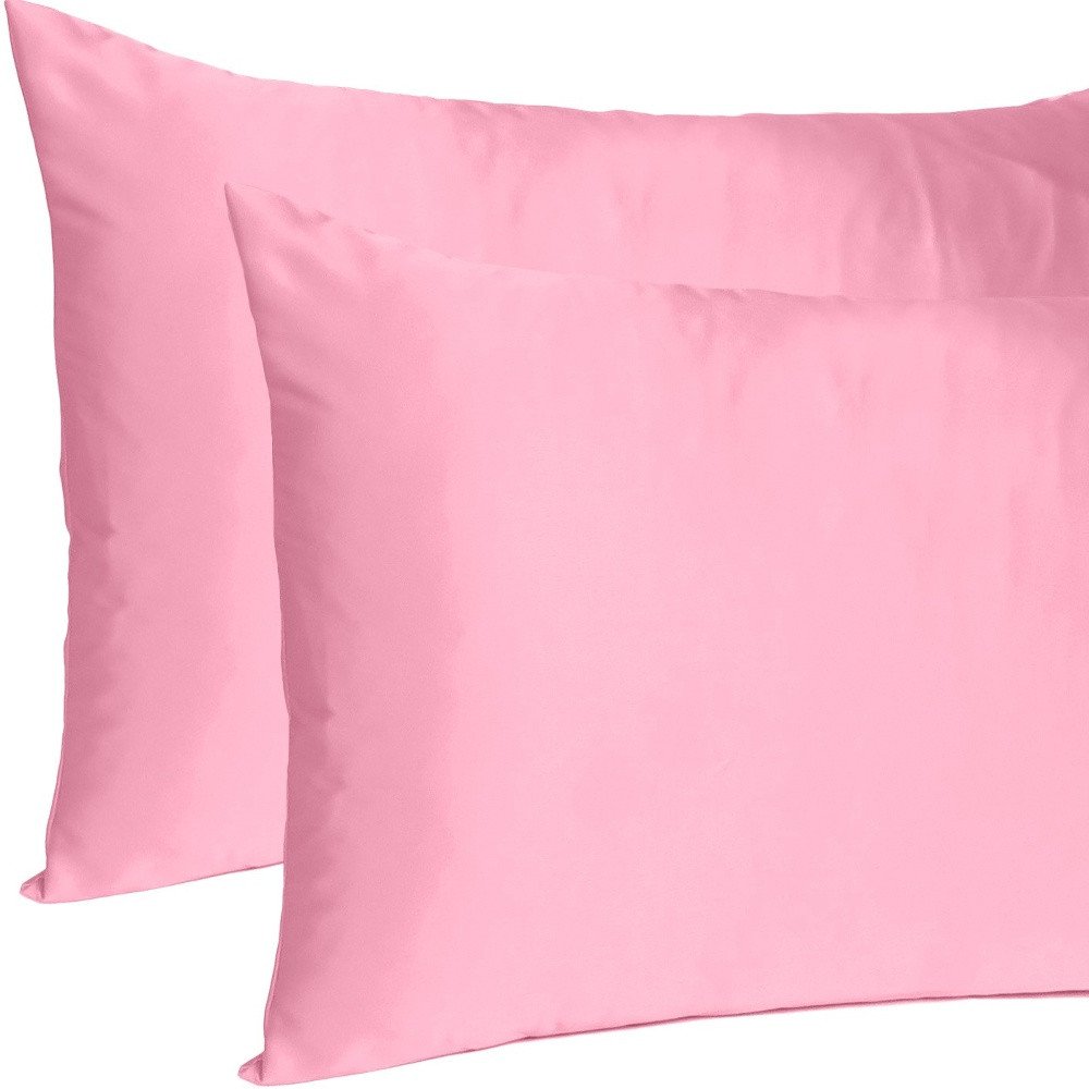 Set Of Two Pink Rose Dreamy Silky Satin Standard Pillowcases on a white background