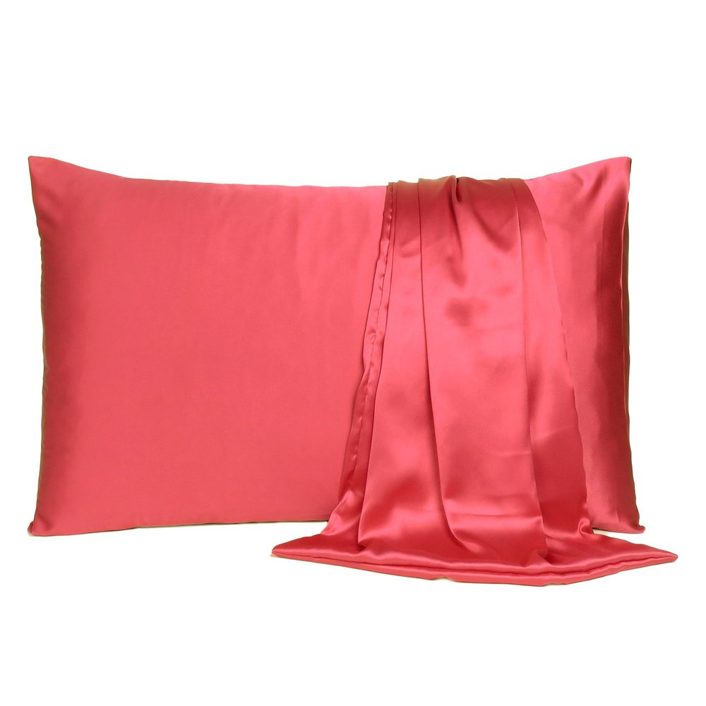 Two Piece Salmon Pink Dreamy Silky Satin Pillowcases on a white background