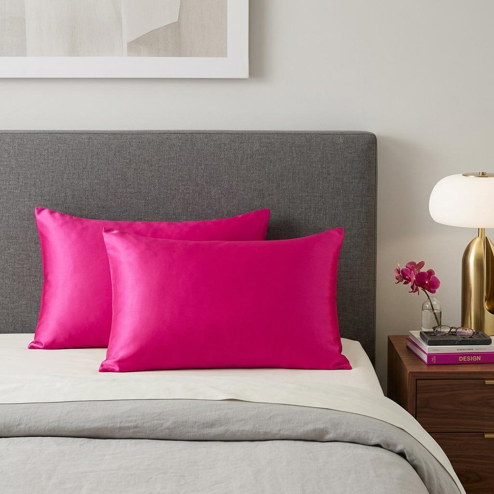 Two Piece Fuchsia Satin And Satin Pillowcases Envelope in a home interior
