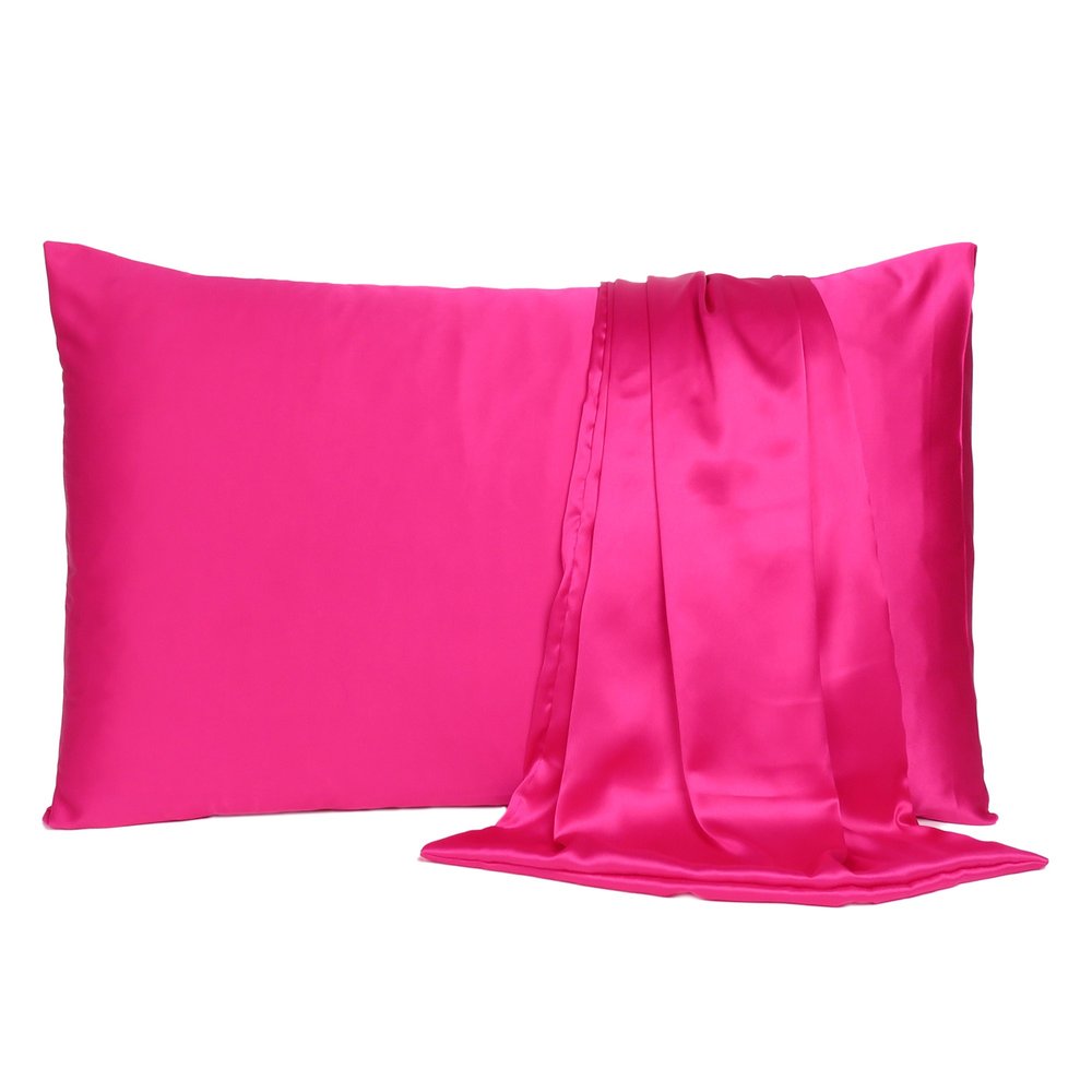 Two Piece Fuchsia Satin And Satin Pillowcases Envelope on a white background