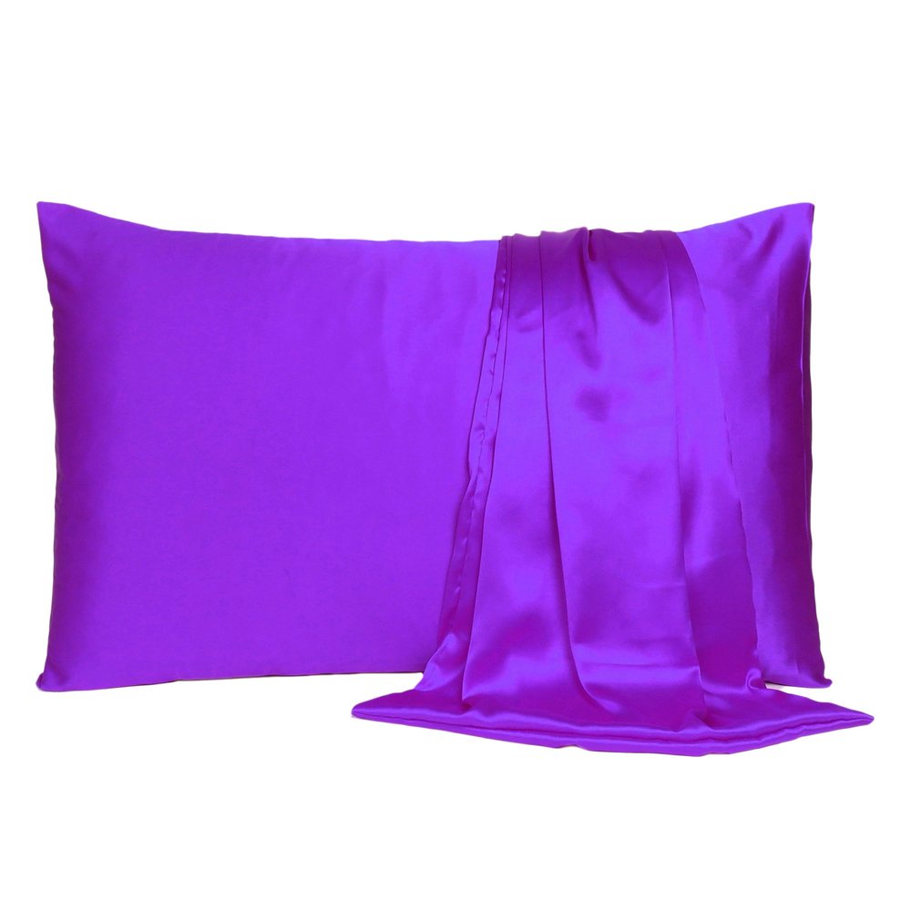 Set of Two Bright Purple Dreamy Silky Satin Queen Pillowcases on a white background
