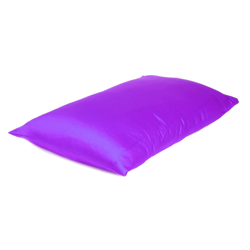 Set of Two Bright Purple Dreamy Silky Satin Queen Pillowcases on a white background