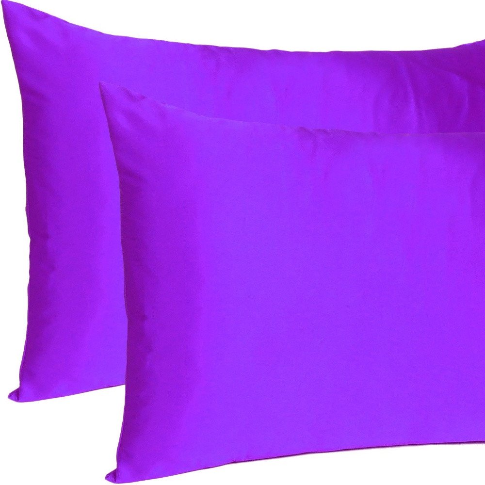 Set of Two Bright Purple Dreamy Silky Satin Queen Pillowcases on a white background
