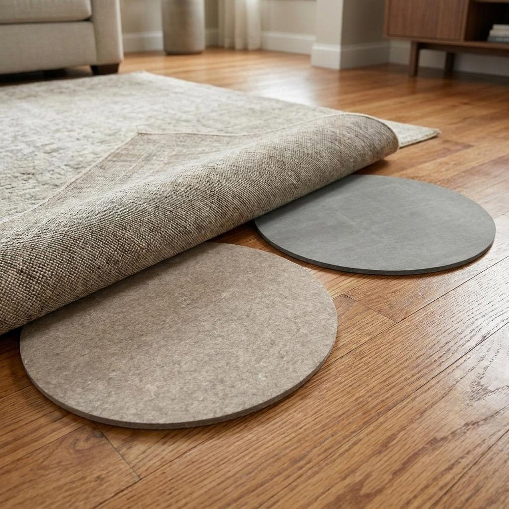 6' x 9' Gray Non Slip Rug Pad shown as a full-frame view of the tan and dark brown surface.