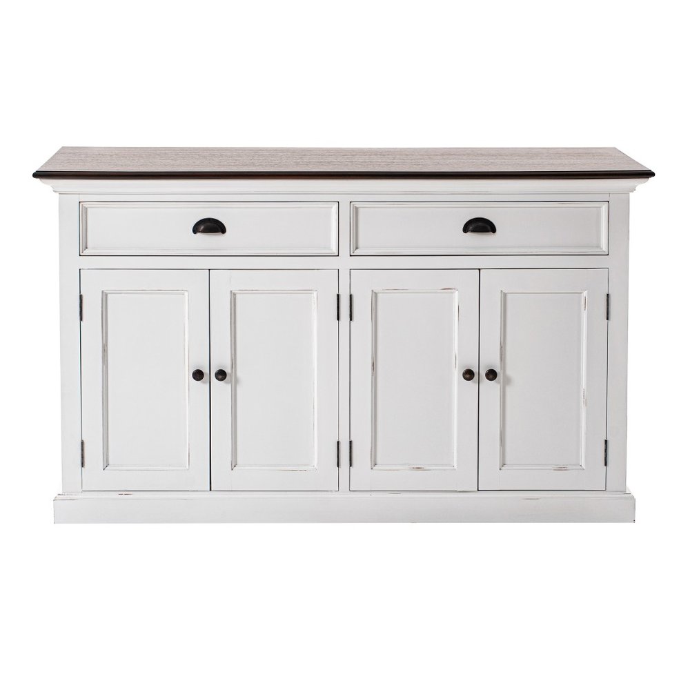 White buffet server with a brown wood top, featuring two drawers and four cabinet doors with dark hardware, on a white background.