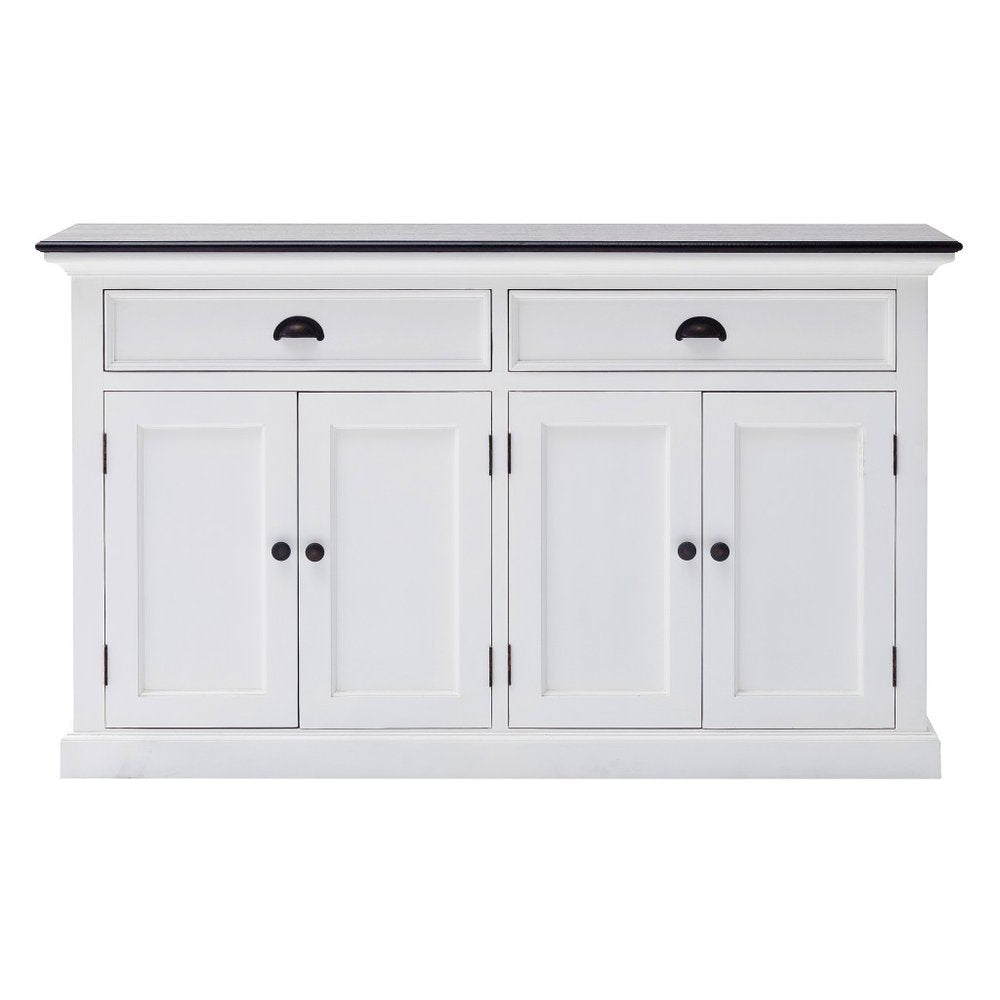 White buffet server with two drawers and four cabinet doors, featuring black hardware and a black top, on a white background.
