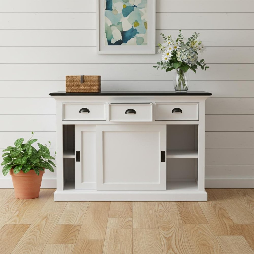 Modern Farmhouse Black And White Buffet Server With Sliding Doors in a home interior