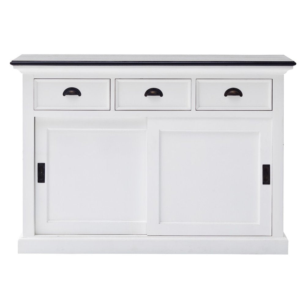 White buffet server with three drawers and sliding doors, featuring black hardware and a black top edge.