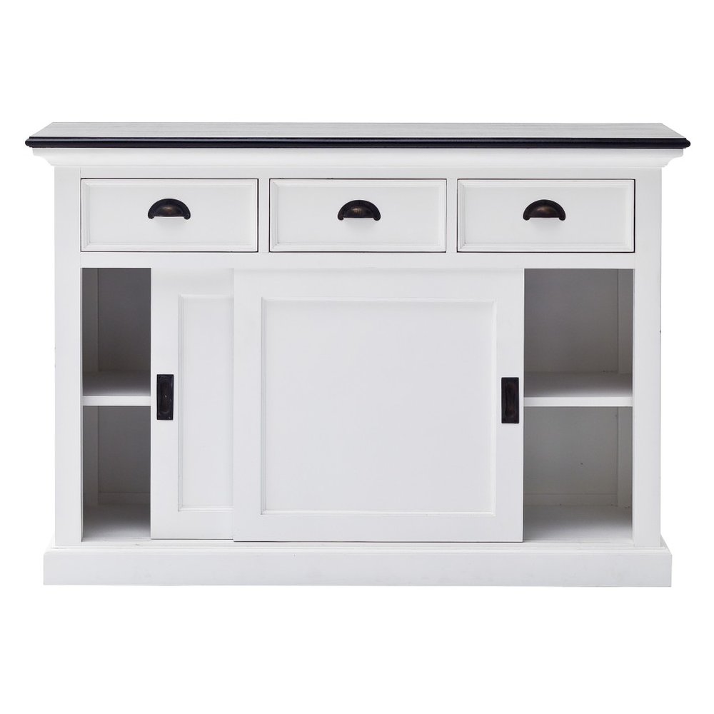 Modern Farmhouse Black And White Buffet Server With Sliding Doors on a white background