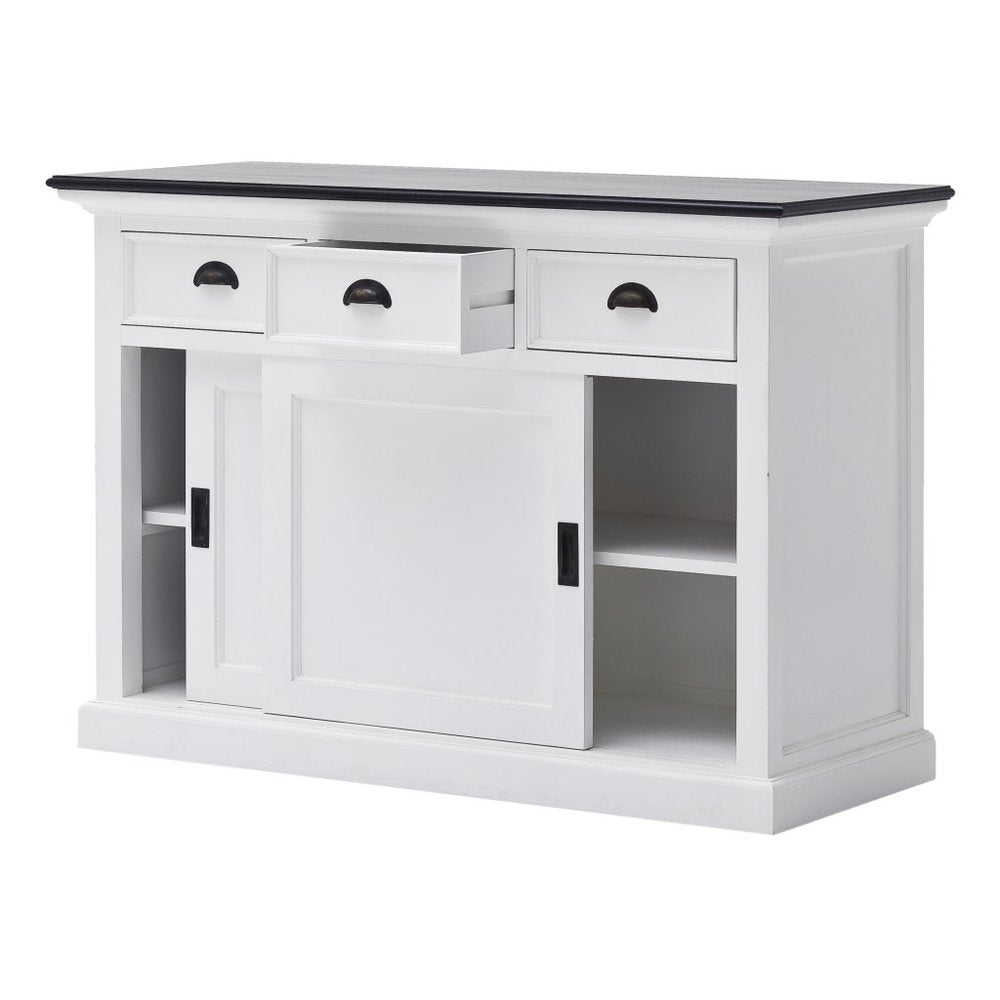 Modern Farmhouse Black And White Buffet Server With Sliding Doors on a white background