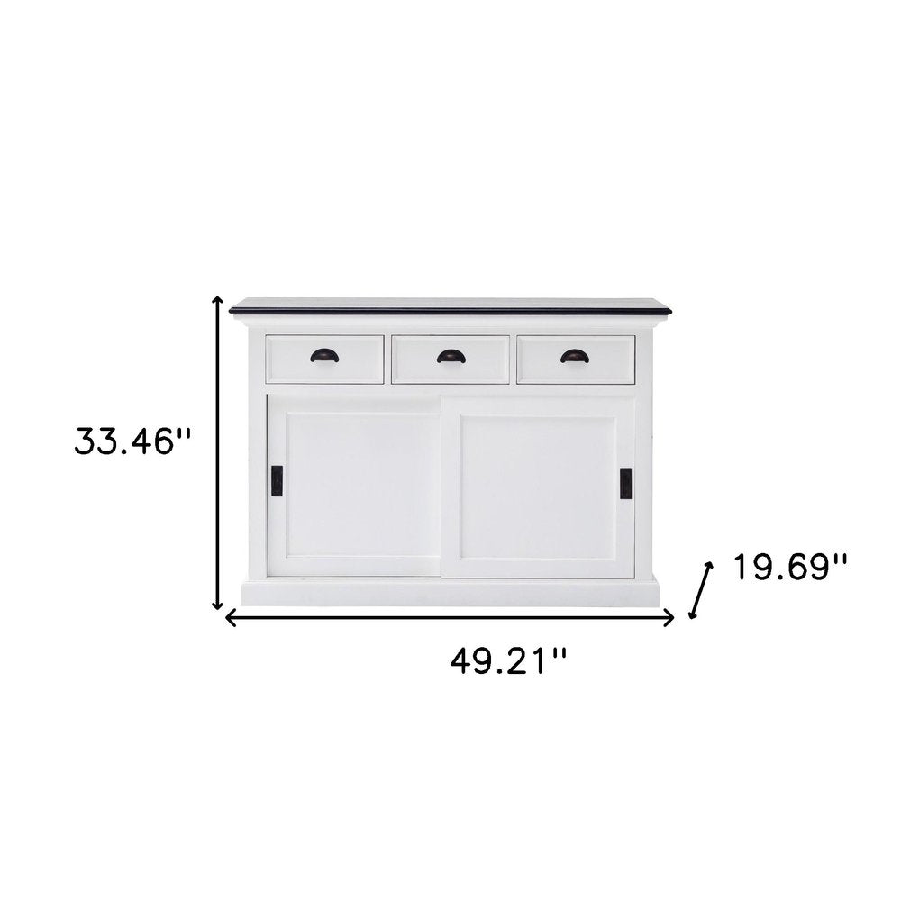 Modern Farmhouse Black And White Buffet Server With Sliding Doors on a white background