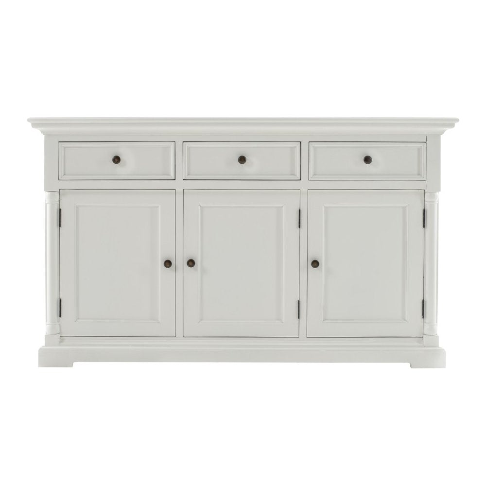 White three-door buffet server with three drawers on top, set against a white background.
