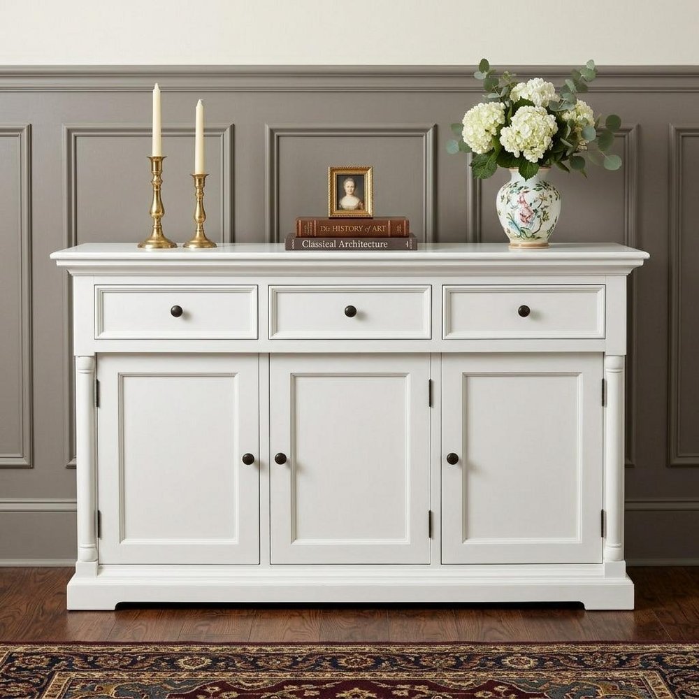 Modern Farm White Three Door Buffet Server in a home interior