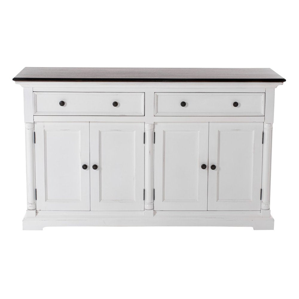 White buffet server with a dark brown top, featuring two drawers and four cabinet doors with black knobs, set against a white background.