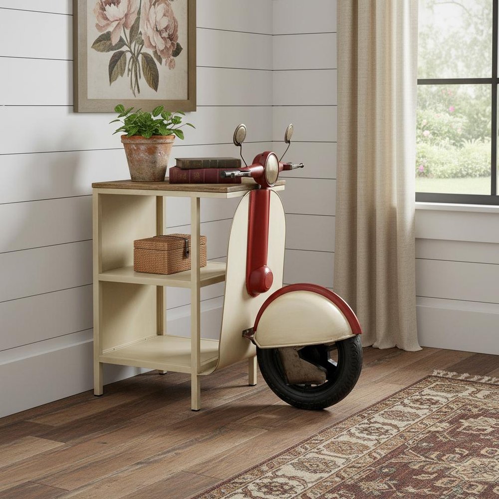 Rustic Red And Vanilla Scooter Cabinet in a home interior
