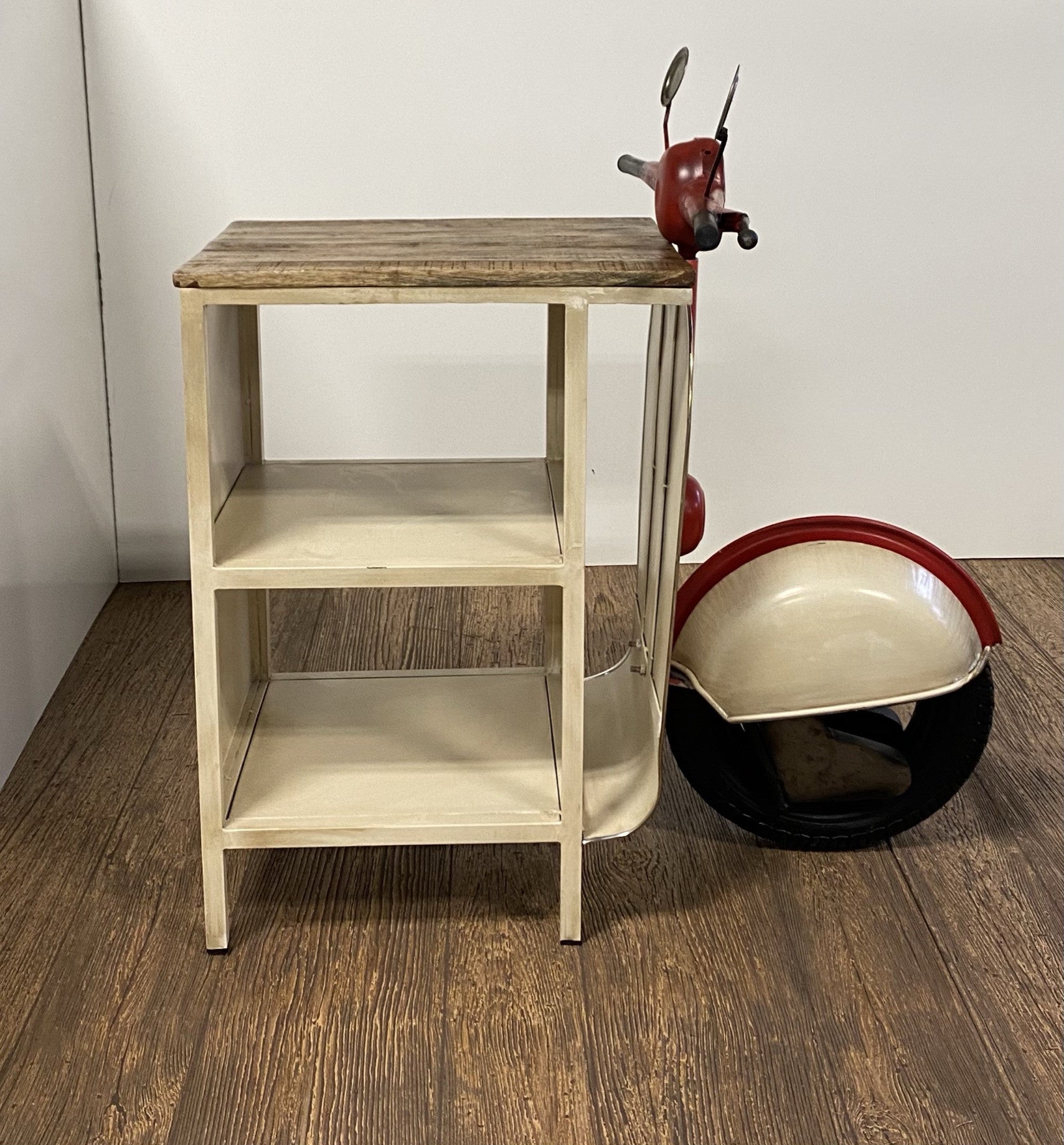 Rustic Red And Vanilla Scooter Cabinet in a home interior