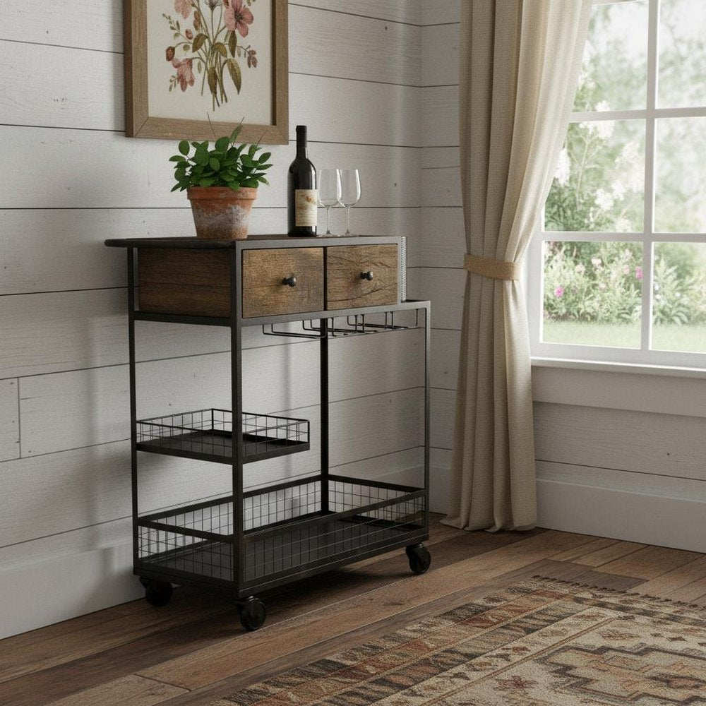 Rolling Rustic Black And Natural Bar Cart in a home interior