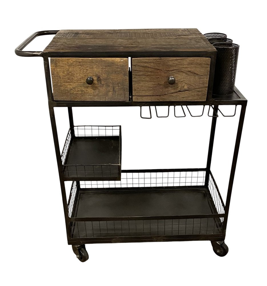 Rolling Rustic Black And Natural Bar Cart on a white background