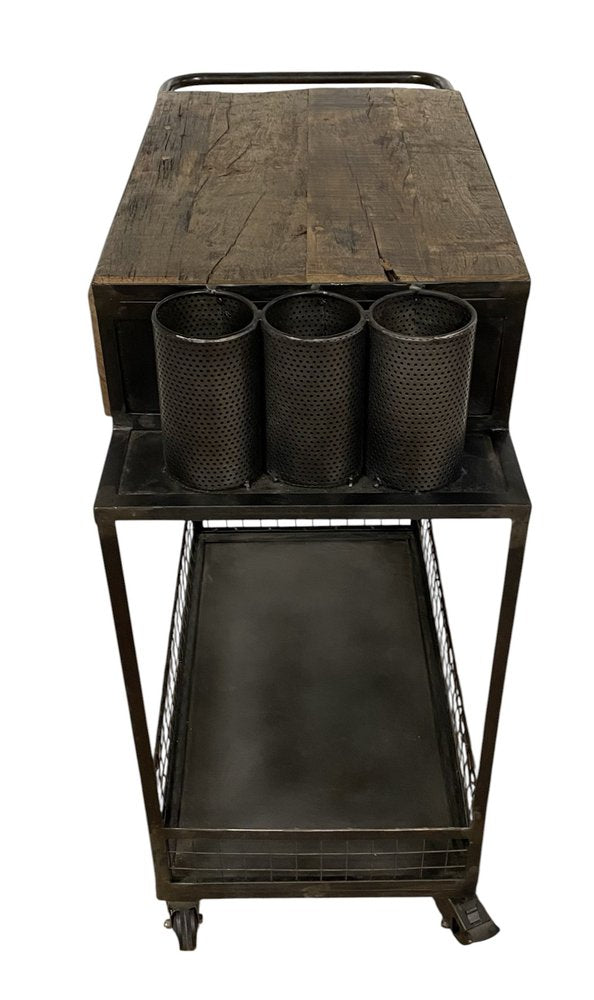 Rolling Rustic Black And Natural Bar Cart on a white background