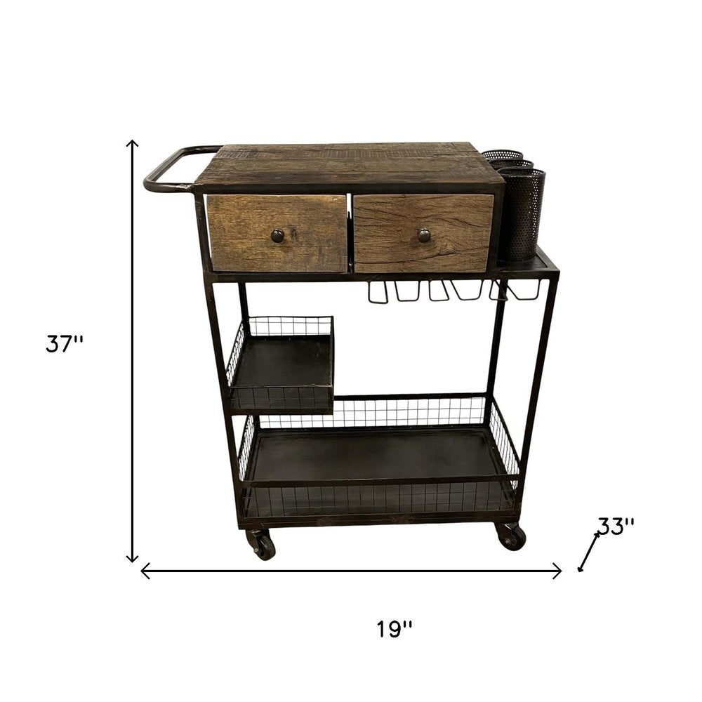 Rolling Rustic Black And Natural Bar Cart on a white background