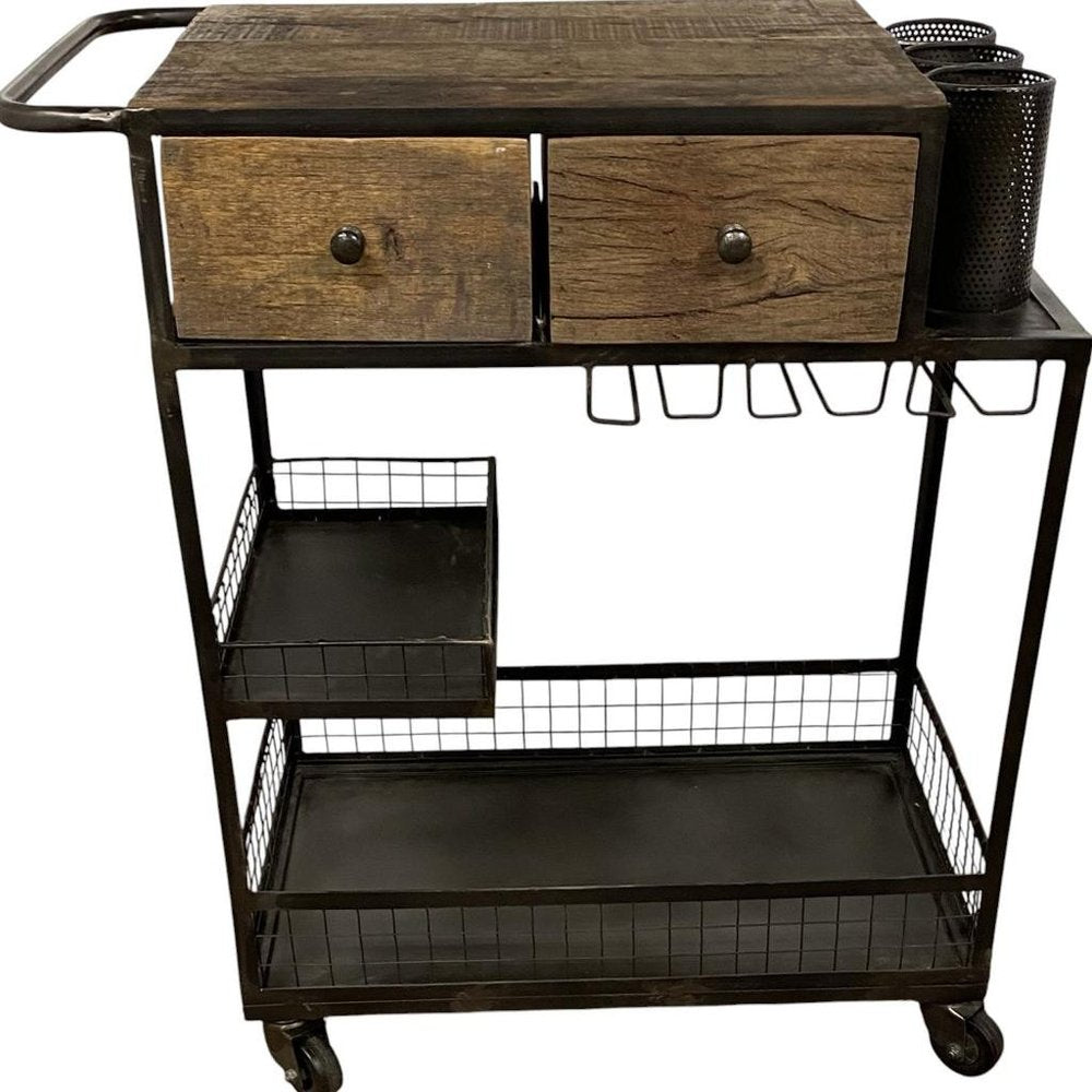 Rolling Rustic Black And Natural Bar Cart on a white background