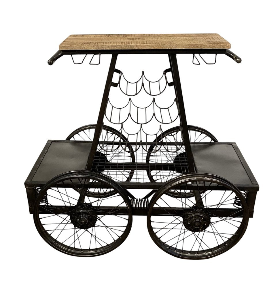 Rustic Black Rail Car Bar Cart on a white background