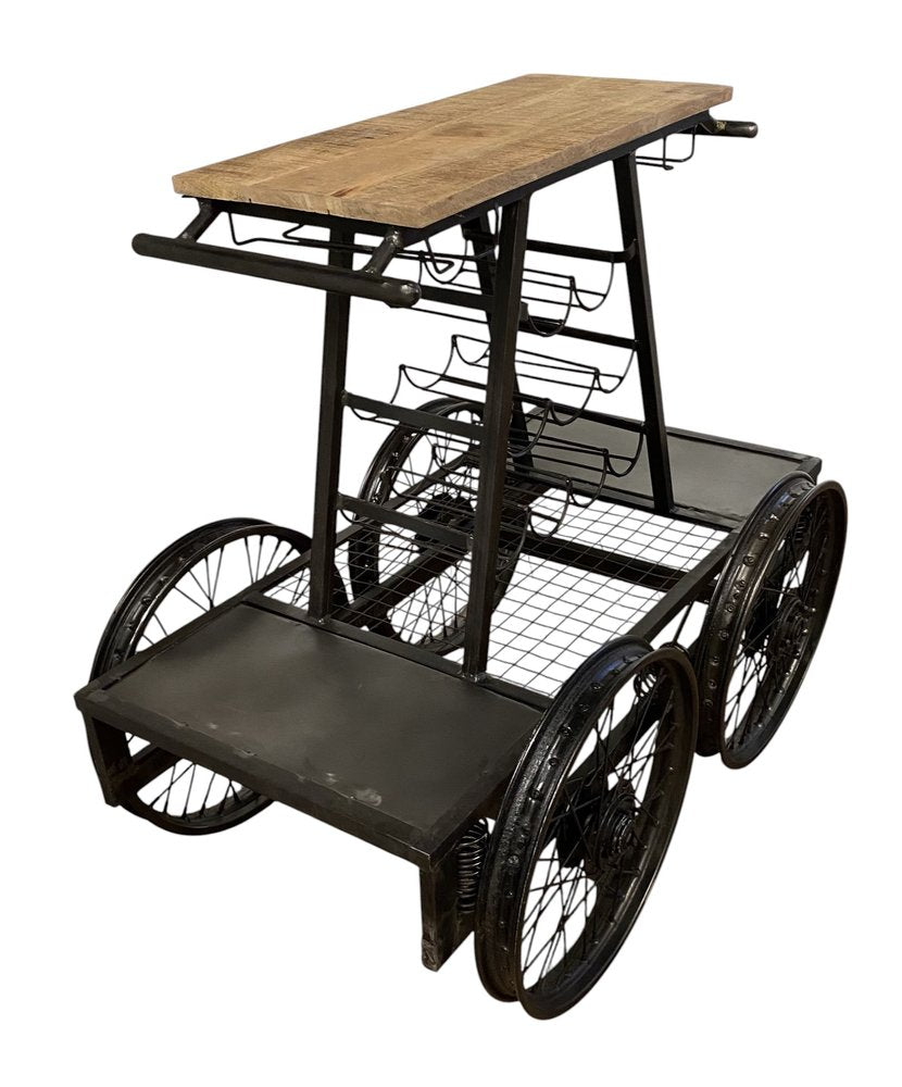 Rustic Black Rail Car Bar Cart on a white background