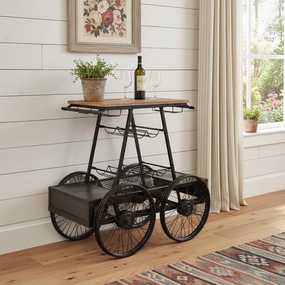 Rustic Black Rail Car Bar Cart in a home interior