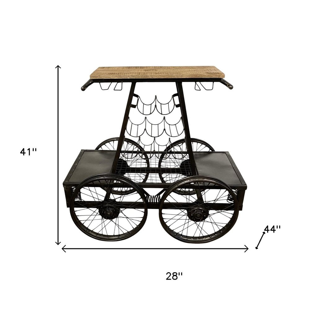 Rustic Black Rail Car Bar Cart on a white background
