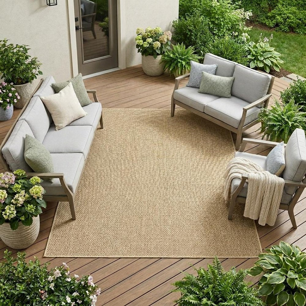 9' X 13' Beige Indoor Outdoor Area Rug in a home interior