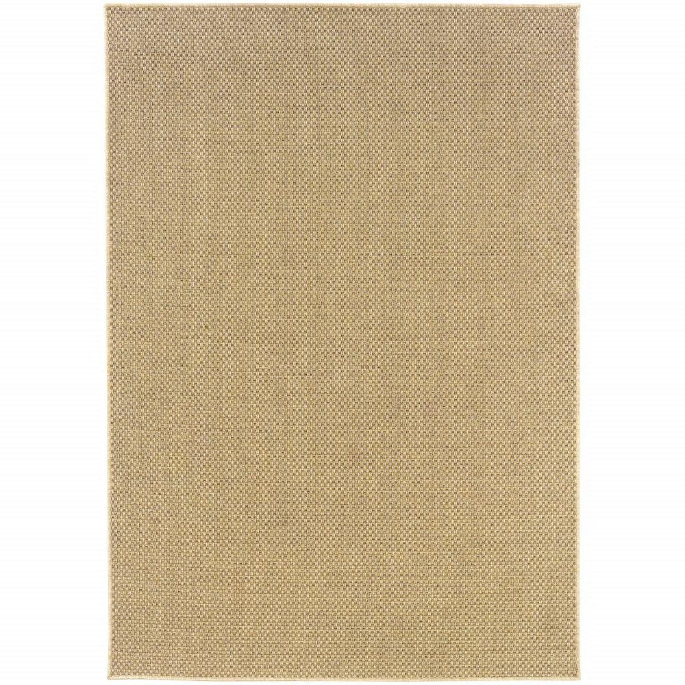 A rectangular beige indoor outdoor area rug with a woven texture, set against a white background.