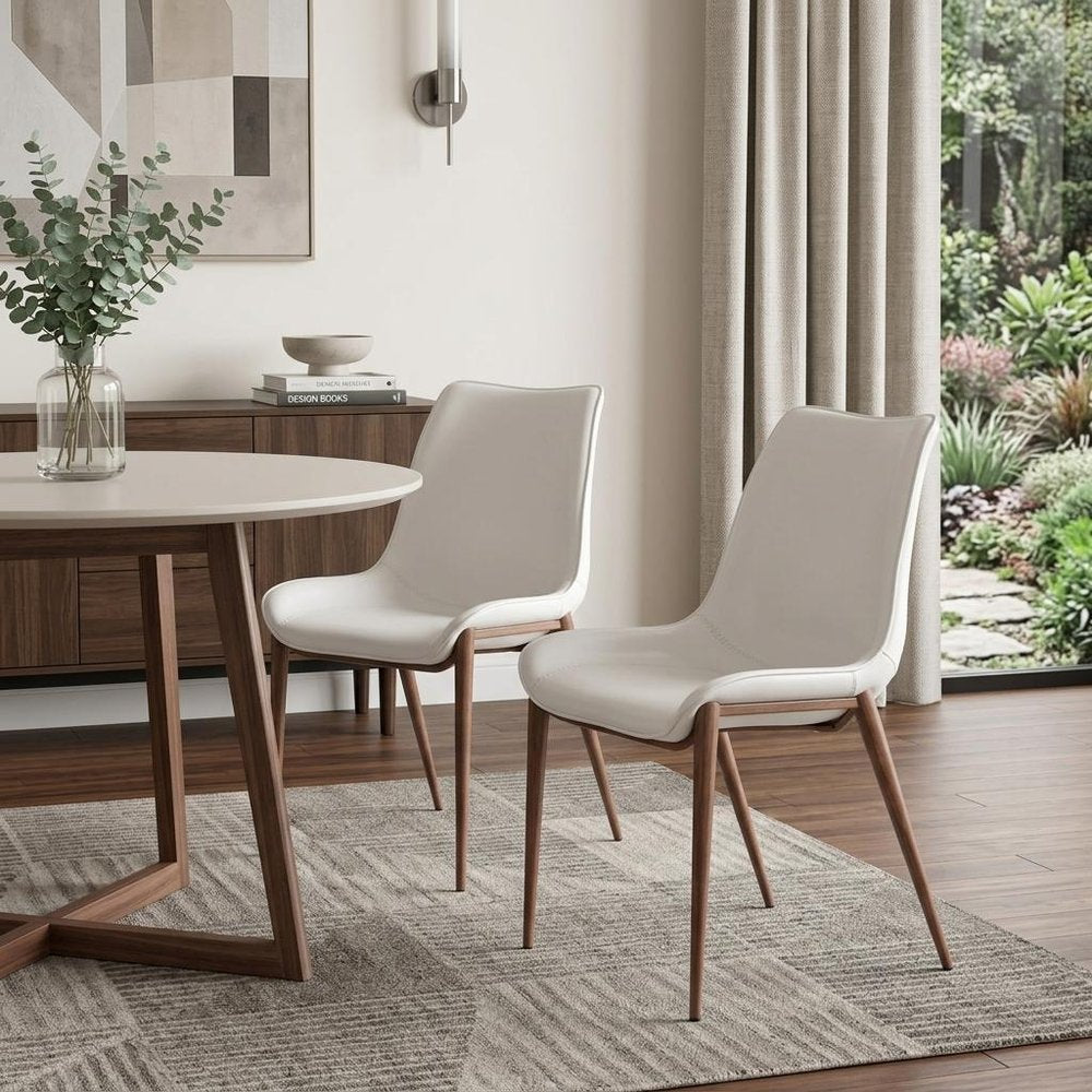 Set of Two White and Brown Upholstered Faux Leather Dining Side Chairs