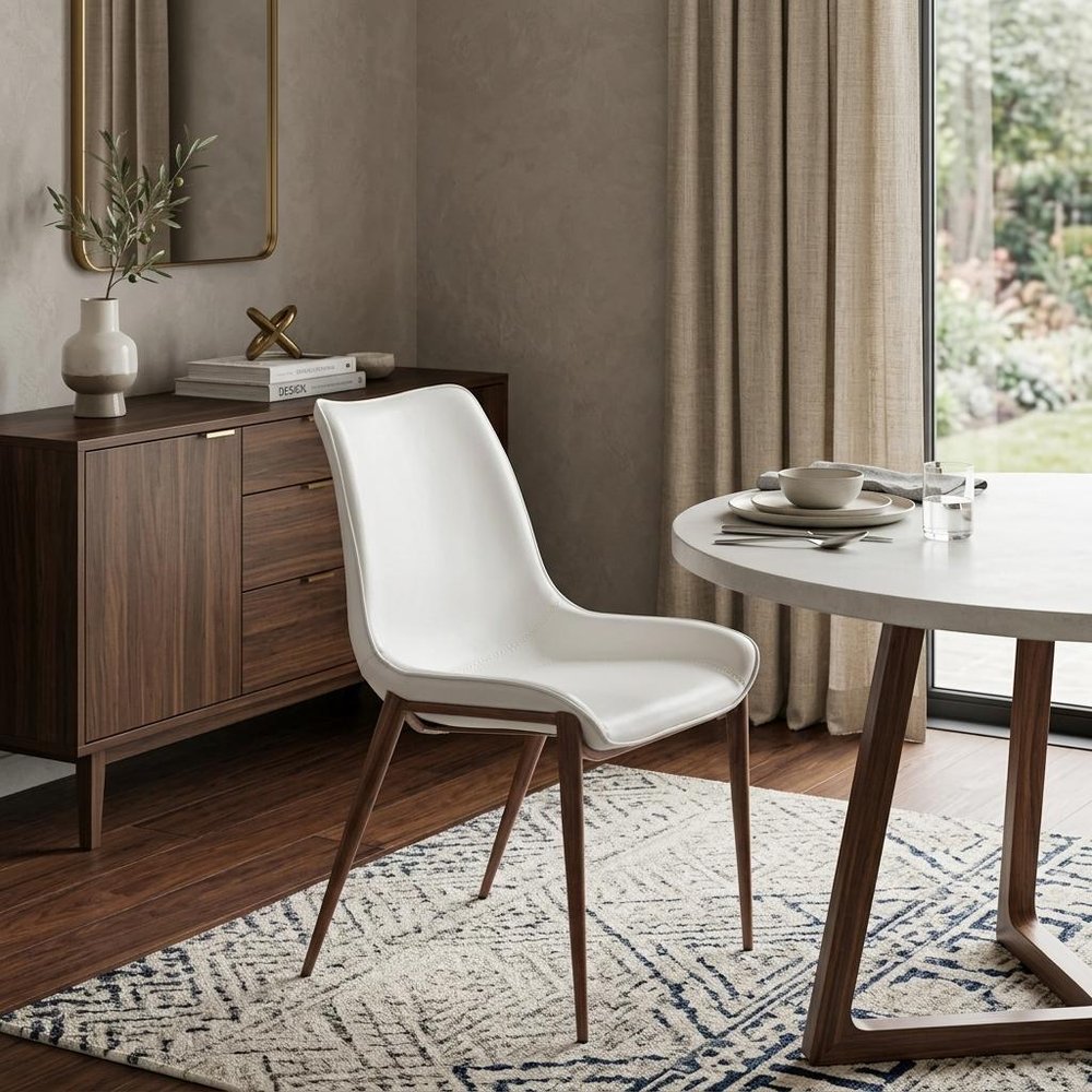 Set of Two White and Brown Upholstered Faux Leather Dining Side Chairs