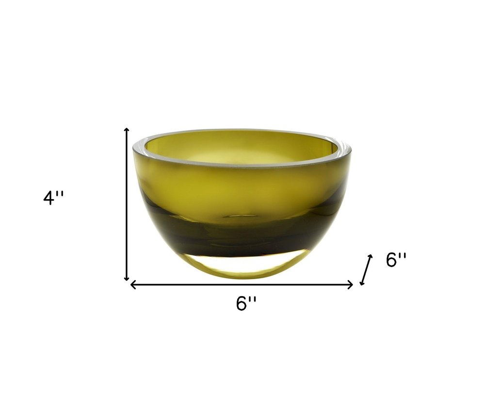 6" Moss Green Mouth Blown Crystal Thick Walled Bowl. Serving bowl isolated on a plain white background, finished in green crystal.