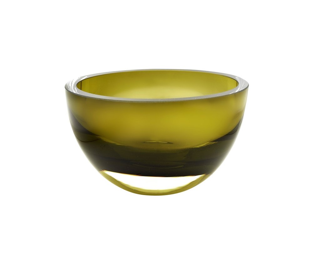 6" Moss Green Mouth Blown Crystal Thick Walled Bowl. Serving bowl isolated on a plain white background, finished in green crystal.