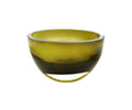 A moss green mouth-blown crystal bowl with thick walls on a white background.