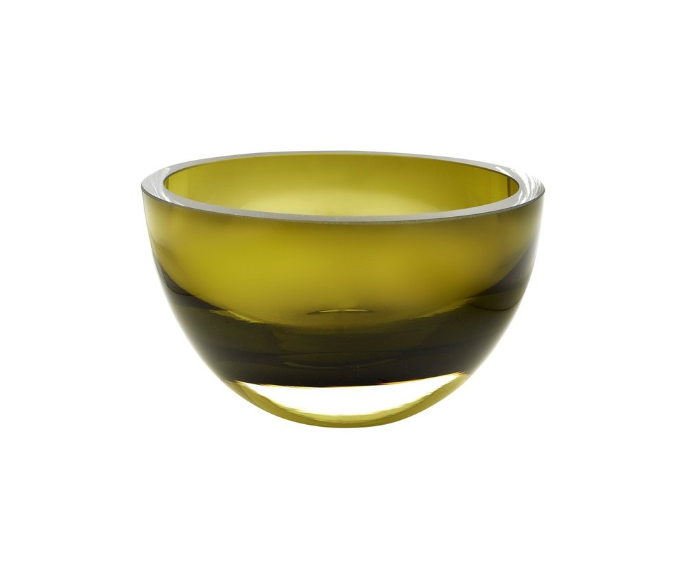 A moss green mouth-blown crystal bowl with thick walls on a white background.