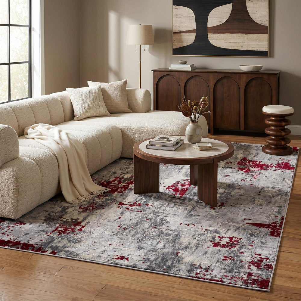 9' X 13' Red and Gray Modern Abstract Area Rug in a home interior
