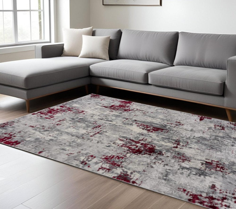 9' X 13' Red and Gray Modern Abstract Area Rug close-up detail