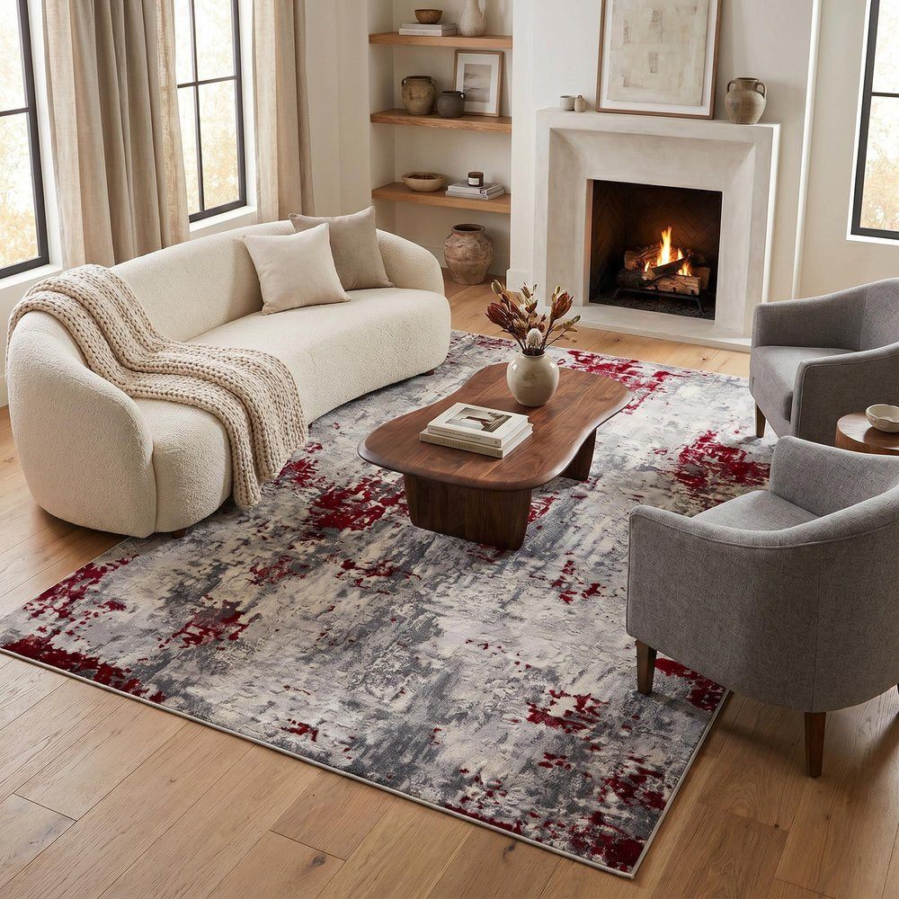 9' X 13' Red and Gray Modern Abstract Area Rug in a home interior