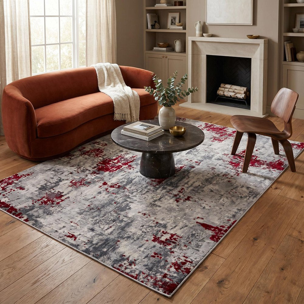 9' X 13' Red and Gray Modern Abstract Area Rug in a home interior